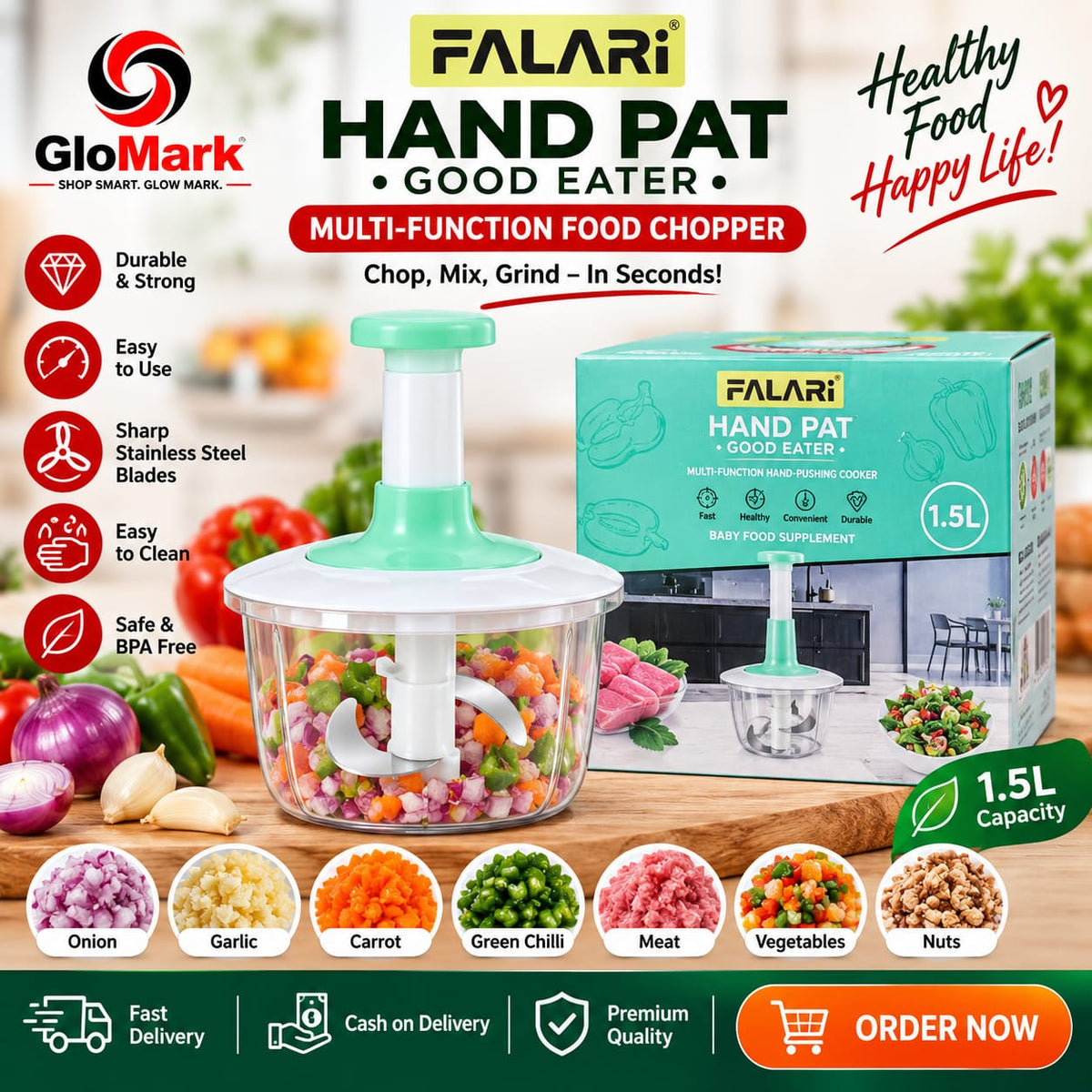 FALARI 1.5L Manual Food Chopper – Multi-Function Vegetable Cutter