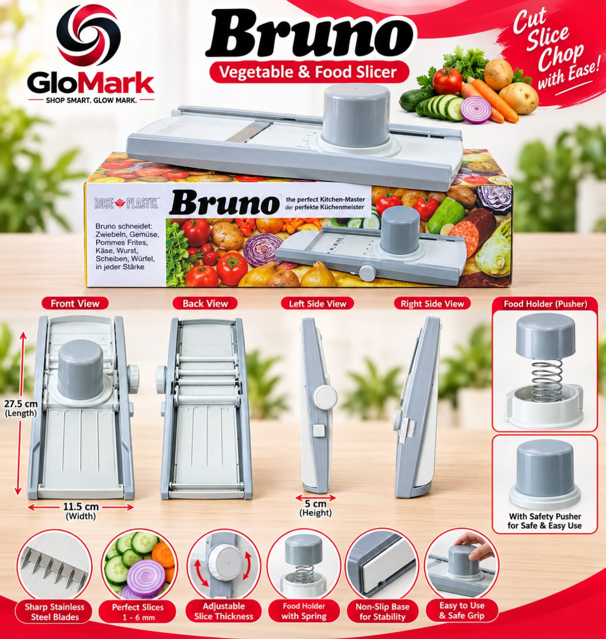 Bruno Vegetable Slicer & Cutter - Multi-Function Mandoline With Free Spray Bottle
